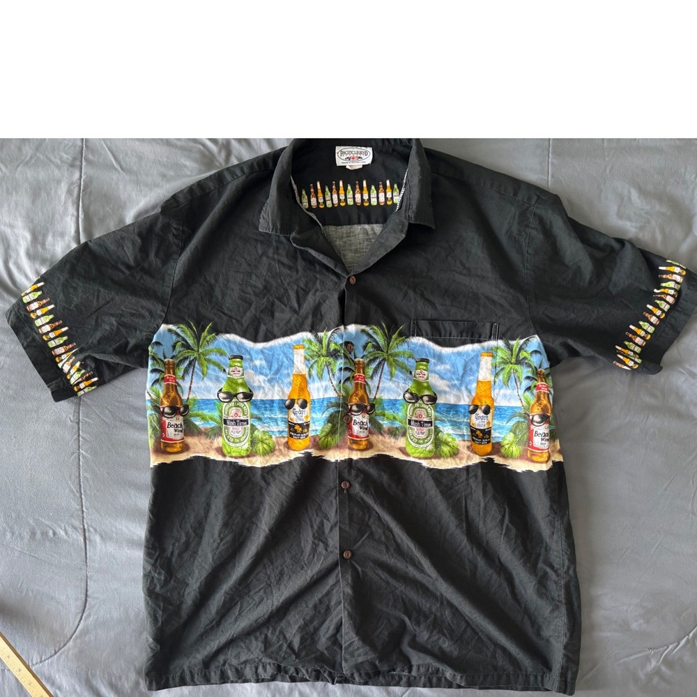 Pacific Legend Beer Bottle Hawaiian Shirt Mens 2XL Black Tropical Cotton